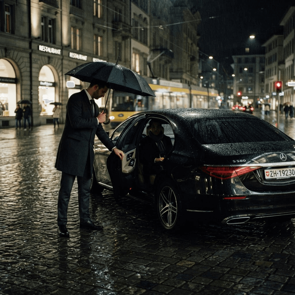 Chauffeur öffnet die Tür einer Limousine bei Nacht in Zürich