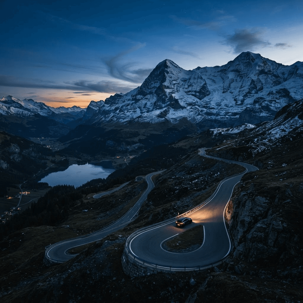 Alpenstrasse in der Dämmerung mit einem einzelnen Fahrzeug