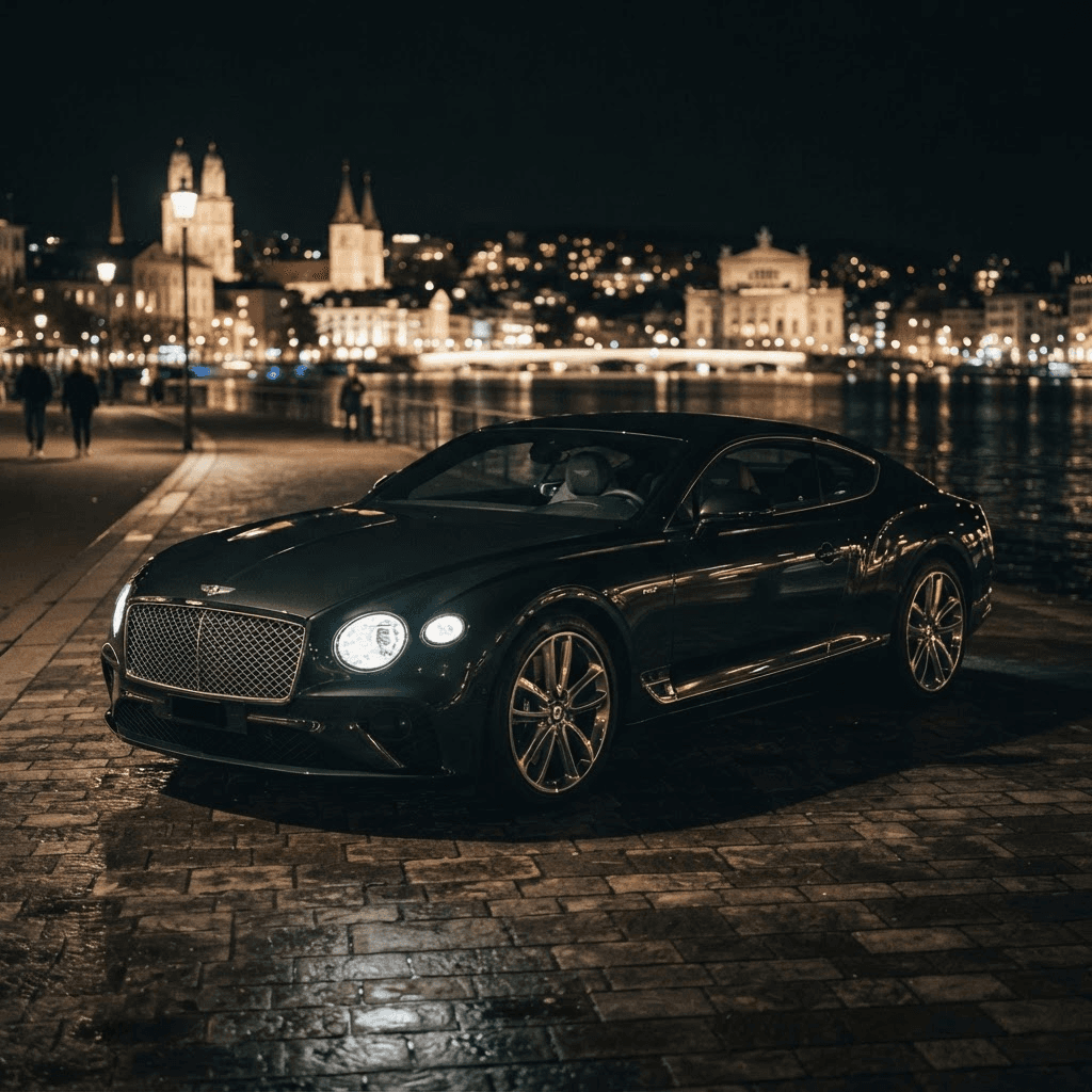 Bentley Continental GT 4.0 V8 in dunkelgrüner Lackierung bei Nacht in Zürich