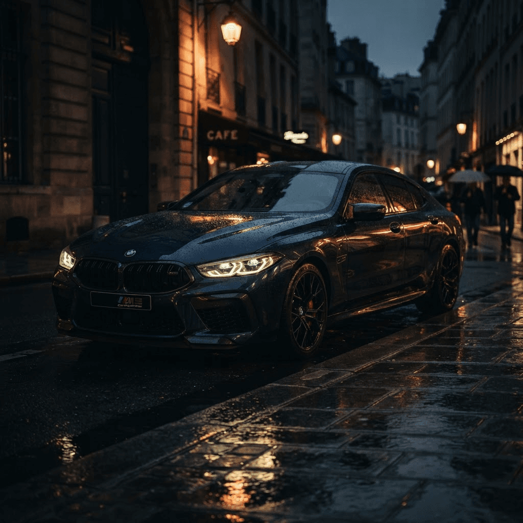 BMW M8 Competition Gran Coupé bei Nacht in der Stadt