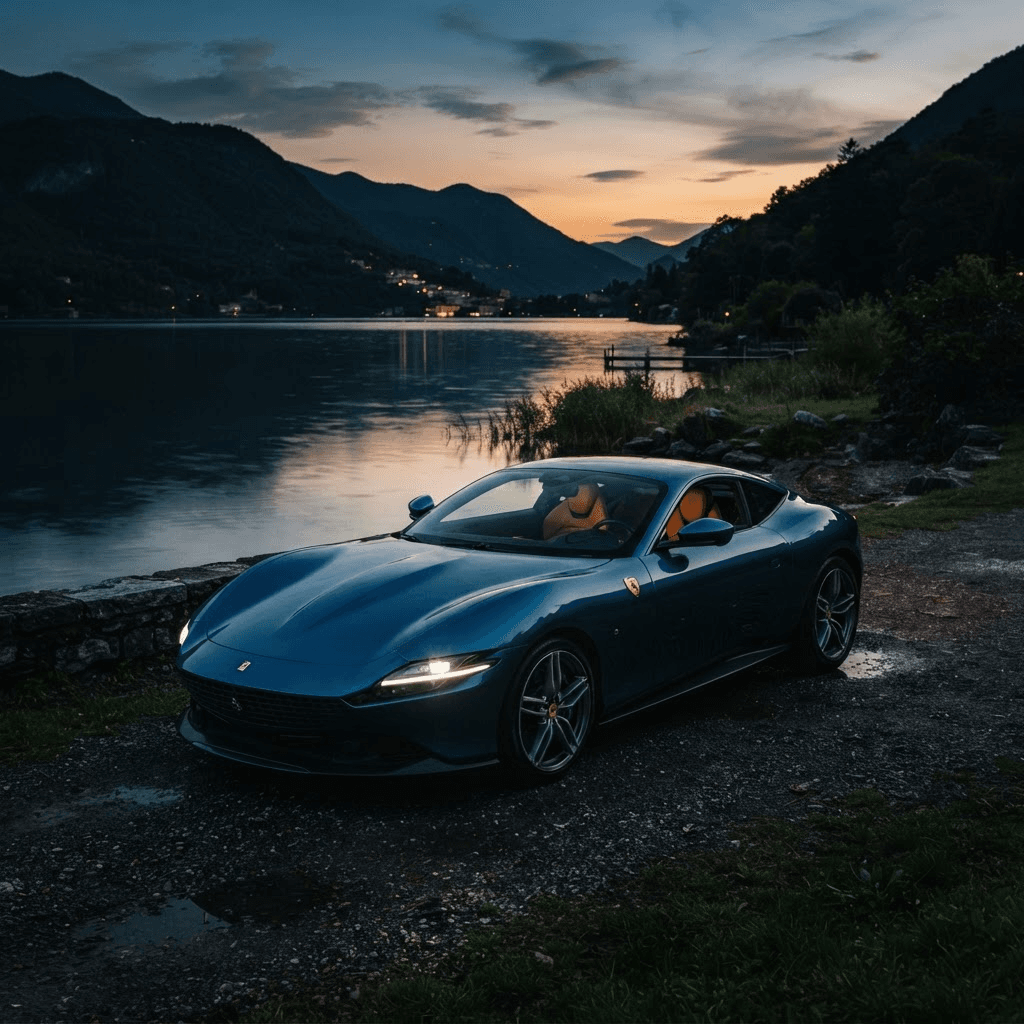 Ferrari Roma in Blu Roma bei Abendlicht am See