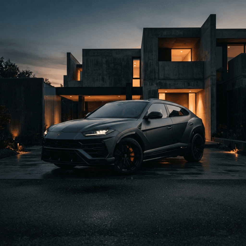 Lamborghini Urus in dunkler Lackierung vor moderner Architektur